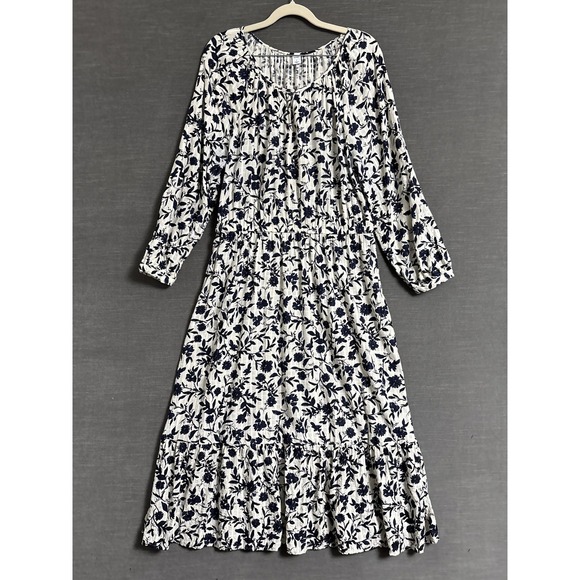 Old Navy Dress Large White Blue Floral Midi Long Sleeve Boho India Fall Peasant - Picture 1 of 14